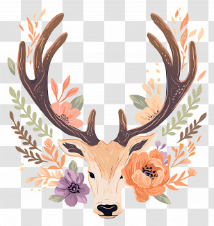 Wild Deer Antlers - Decorative Deer With Antlers And Flowers Transparent PNG