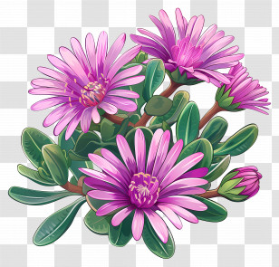 Ice Plant Flower - Illustration Of Purple Flowers And Green Leaves Transparent PNG