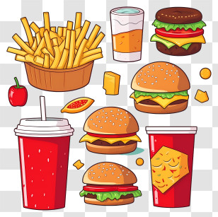 Fast Food - Illustration Of Fast Food Items Including Burgers And Fries Transparent PNG