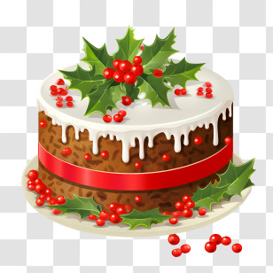 Christmas Cake - Christmas Fruit Cake With Holly And Festive Decoration Transparent PNG