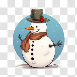 Snowman - Cheerful Snowman With Hat And Scarf Transparent PNG