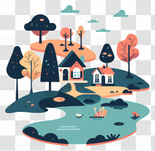 Village Pond - Cartoon Village With Houses And Trees Transparent PNG