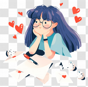 Girl Writing Love Letters - Daydreaming Girl With Love Letters Transparent PNG