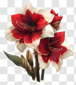 Amaryllis Art - Red And White Flowers With Leaves And Buds Transparent PNG
