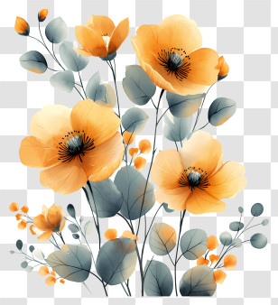 Gold Flowers - Yellow Flowers And Leaves In Watercolor Style Transparent PNG