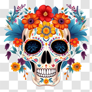 Day Of The Dead
 - Colorful Sugar Skull With Bright Floral Decorations Transparent PNG