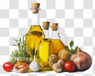 Cooking Oil - Bottles Of Olive Oil With Vegetables Transparent PNG