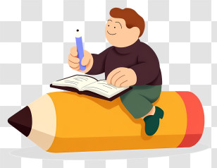 Man Sitting On Oversized Pencil - Boy Writing On Giant Pencil Transparent PNG