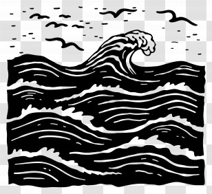 Summer - Black And White Ocean Wave Drawing With Birds Transparent PNG