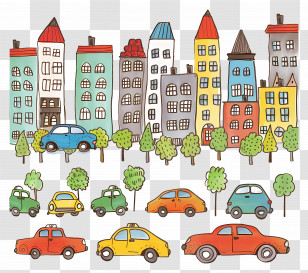 Cars In The City - Colorful Doodle City With Cars And Trees Transparent PNG