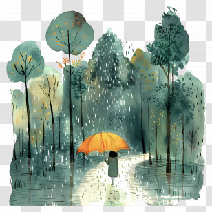 Rain - Rainy Forest With Orange Umbrella Illustration Transparent PNG