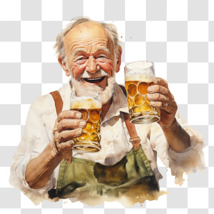 Beer Lovers Day - Happy Old Man Holding Two Beers Transparent PNG