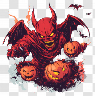Halloween Devil - Red Demon With Pumpkins And Wings Transparent PNG