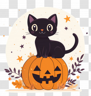 Halloween Black Cat - Black Cat Sitting On Pumpkin For Halloween Transparent PNG