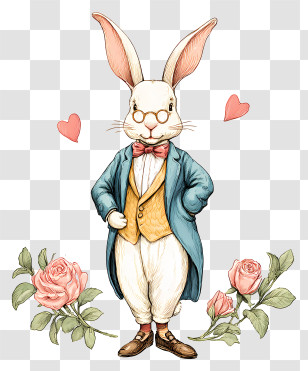 Romance Bunny - White Rabbit With Glasses And Roses Transparent PNG