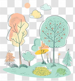 Nature - Doodle Trees In Pastel Colors Transparent PNG