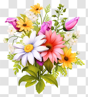 Flower Bouquet - Bright Flower Bouquet With Leaves Transparent PNG