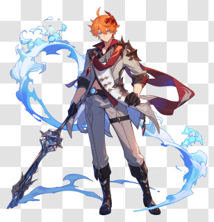 Tartaglia From Genshin Impact - Anime Character With Water Effect And Weapon Transparent PNG