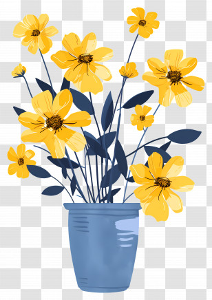 Yellow Flowers - Blue Vase With Animated Yellow Flowers Artwork Transparent PNG