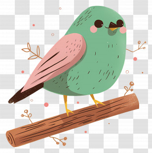 Kawaii Bird - Green And Pink Bird Perched On Branch Transparent PNG
