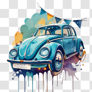 Volkswagen Beetle - Blue Retro Car In Watercolor Style Transparent PNG