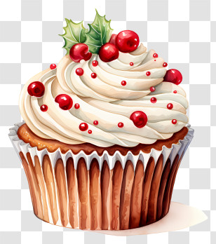 White Chocolate Cupcake - Christmas Cupcake With Festive Red Berries Transparent PNG