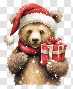 Brown Bear - Bear With Santa Hat And Christmas Gift Transparent PNG