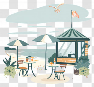 Cafe - Beachside Cafe With Umbrellas And Chairs Transparent PNG