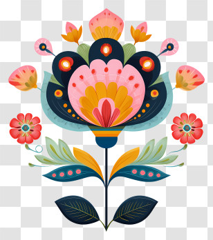 Ornate Flower - Colorful Floral Design With Leaves Transparent PNG