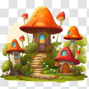 Mushroom House - Mushroom Houses With Orange Roofs In Magical Setting Transparent PNG