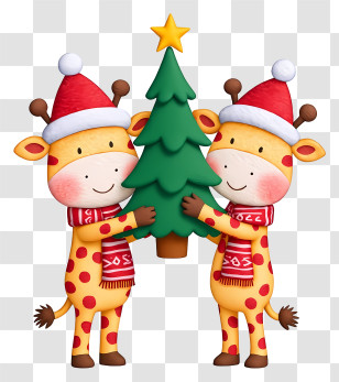 Giraffe Holding Christmas Tree - Two Giraffes Holding Christmas Tree Transparent PNG
