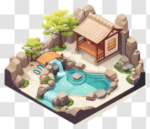 Hot Spring - Japanese Garden With House And Pond Transparent PNG