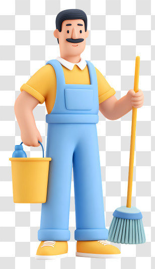 Man Doing Floor Cleaning - Cartoon Janitor With Cleaning Tools Transparent PNG