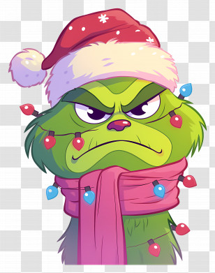Grinch Face - Grumpy Green Character With Santa Hat Transparent PNG