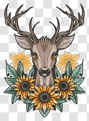 Deer - Artistic Deer With Sunflowers And Antlers Transparent PNG