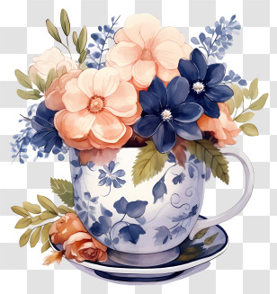 Coffee Flowers - Teacup With Blue Floral Pattern And Orange Roses Transparent PNG