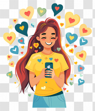 Likes - Happy Girl With Hearts And Phone Transparent PNG