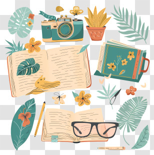 Scrapbook - Open Books And Camera With Plants And Flowers Transparent PNG