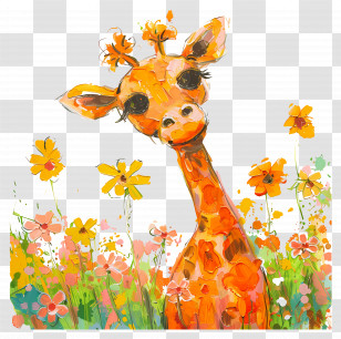 Giraffe - Playful Giraffe In A Colorful Flower Field Transparent PNG