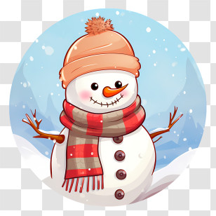 Snowman - Cartoon Snowman With Scarf In Snowy Scene Transparent PNG