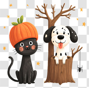 Halloween Dog Cat - Black Cat With Pumpkin Hat And Dog In Tree Transparent PNG