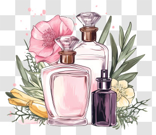 Perfume Bottles - Illustration Of Perfume Bottles With Floral Elements Transparent PNG