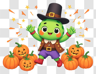 Plant Mascot Celebrating Thanksgiving - Cute Halloween Pumpkin Character Transparent PNG