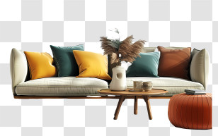 Living Room - Modern Sofa With Colorful Decor And Pillows Transparent PNG