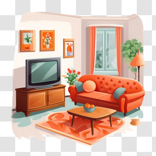 Living Room - Bright Living Room With Orange Furniture And TV Stand Transparent PNG