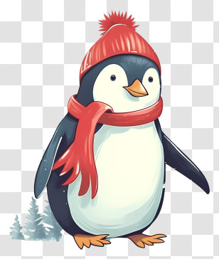 Cartoon Penguin - Penguin With Red Hat And Scarf Transparent PNG