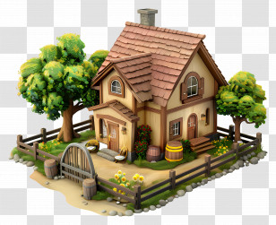 3d House - Small Countryside House With Fence And Trees Transparent PNG