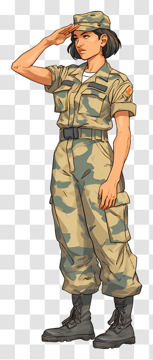 Female Soldier Giving Salute - Cartoon Female Soldier In Camouflage Saluting Transparent PNG