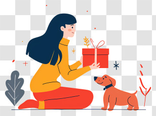 Girl With Gifts - Woman Giving Gift To Dog Illustration Transparent PNG