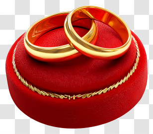 Wedding Ring - Golden Wedding Rings On Red Cushion Transparent PNG
